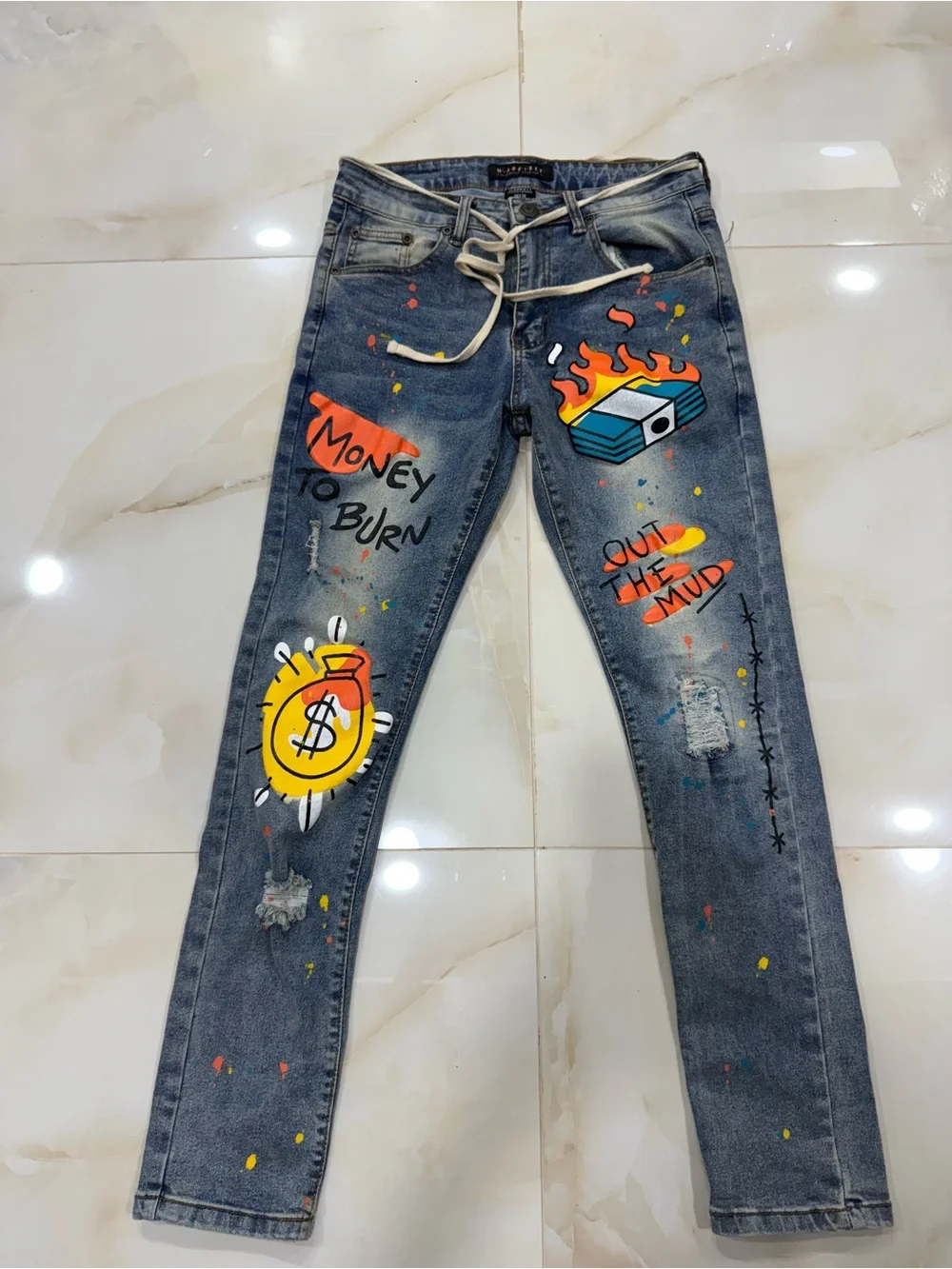 Society Light Blue Denim Jeans with Brown Leather Patch